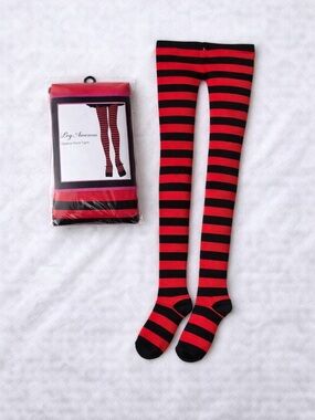 Leg Avenue Black & Red Striped Opaque Tights